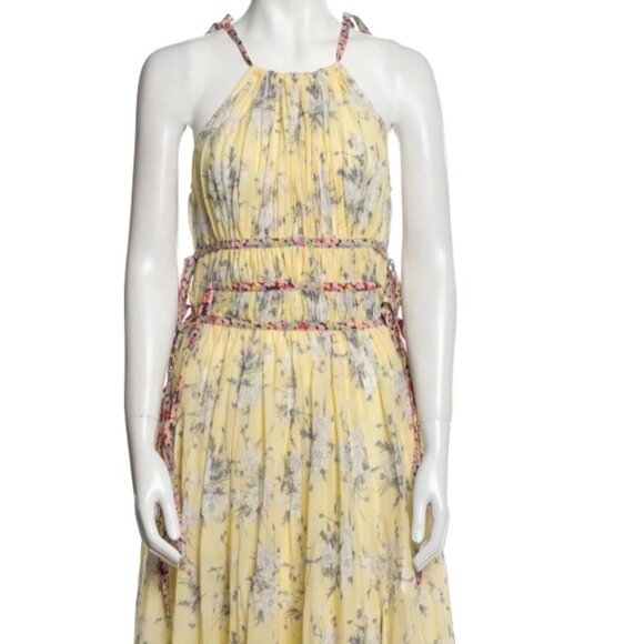 Rebecca Taylor Lemon Rose Goddess Pleat Floral Yellow Ties Midi Dress XS $495 - Picture 2 of 10